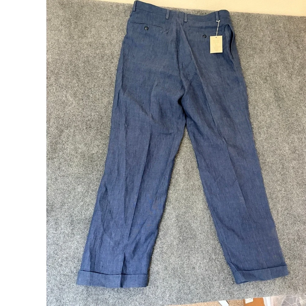 Turnbury Mens Blue 100% Linen Pleated Cuffed Dress Pants Trousers 36x32 NEW